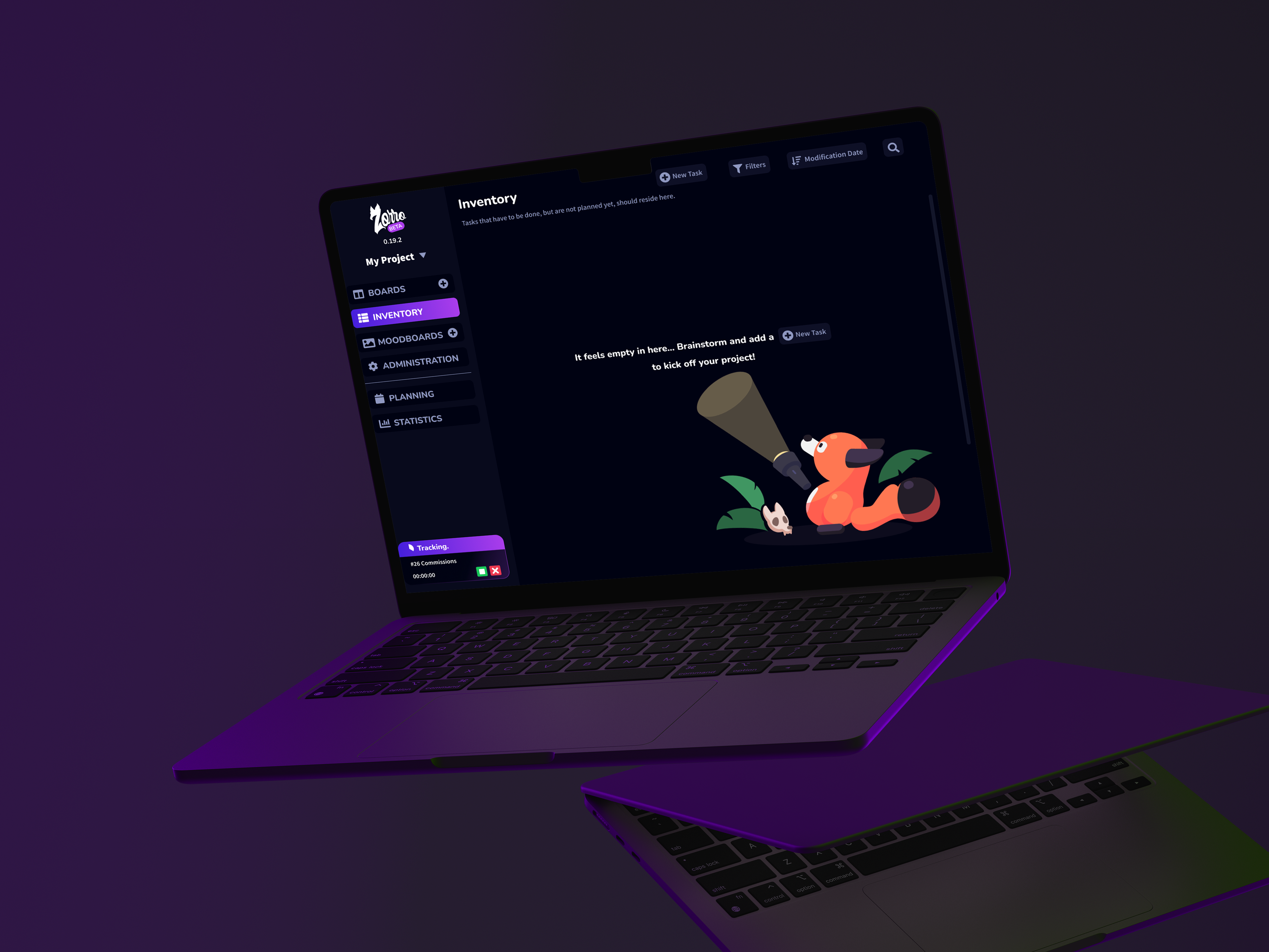 A laptop mockup of zorro.management, a project management web app.
                It shows the Inventory Backlog page
                Created by Laura Bacher webdesigner project manager
                UI/UX graphic designer.